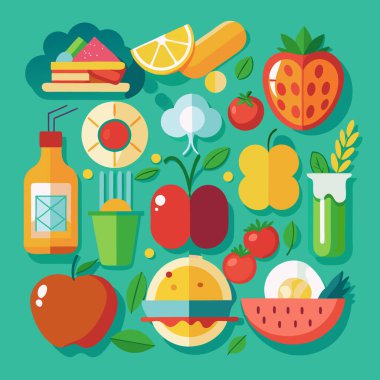 Minimalist Düz Tasarımlı Taze Yiyecek ve İçecek Vektör Koleksiyonu