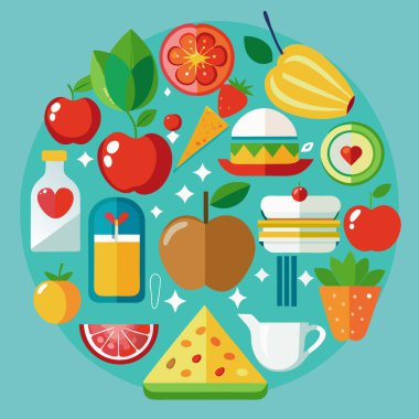 Minimalist Düz Tasarımlı Taze Yiyecek ve İçecek Vektör Koleksiyonu