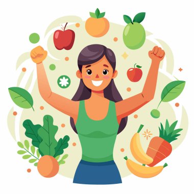 Healthy Lifestyle Vector Art with Cheerful Woman and Fresh Fruits clipart