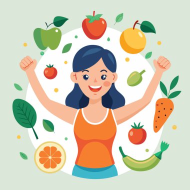 Neşeli Kadın ve Taze Meyveli Sağlıklı Yaşam Tarzı Vektör Sanatı