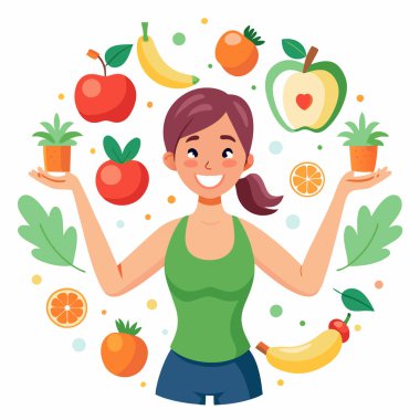 Neşeli Kadın ve Taze Meyveli Sağlıklı Yaşam Tarzı Vektör Sanatı