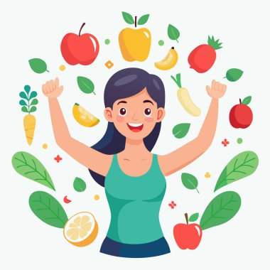 Neşeli Kadın ve Taze Meyveli Sağlıklı Yaşam Tarzı Vektör Sanatı