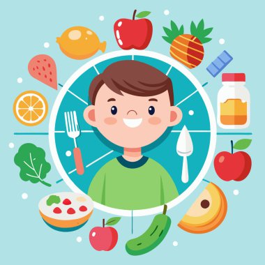 Healthy Living Vector Collection with Child and Fresh Food Icons clipart