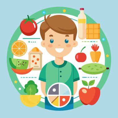 Çocuk ve Taze Gıda Simgeleriyle Sağlıklı Yaşayan Vektör Koleksiyonu