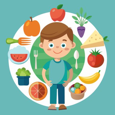 Healthy Living Vector Collection with Child and Fresh Food Icons clipart