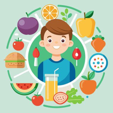 Healthy Living Vector Collection with Child and Fresh Food Icons clipart