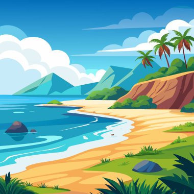 Virajlı sahil şeridi ve dağ manzaralı Tropikal Plaj Vektör Sanatı