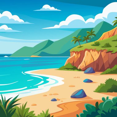 Virajlı sahil şeridi ve dağ manzaralı Tropikal Plaj Vektör Sanatı