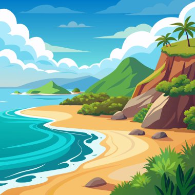 Tropical Beach Vector Art with Curved Coastline and Mountain Views clipart