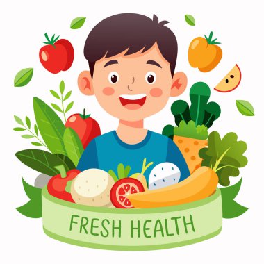 Fresh Healthy Food Vector Banner with Child and Colorful Produce clipart