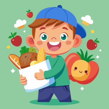 Yiyecek Torbaları ve Atıştırmalık Simgeleriyle Mutlu Çocuk Vektör Sanatı