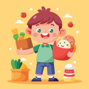 Happy Child Vector Art with Food Shopping Bags and Snack Icons clipart