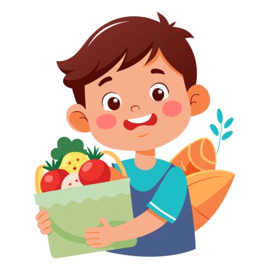 Yiyecek Torbaları ve Atıştırmalık Simgeleriyle Mutlu Çocuk Vektör Sanatı