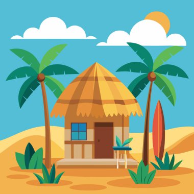 Plaj Kulübesi Vektör Sanat Koleksiyonu Sarı Sörf tahtası ve Palmiye Ağaçları