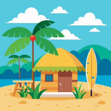 Beach Hut Vector Art Collection with Yellow Surfboard and Palm Trees clipart