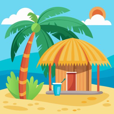 Plaj Kulübesi Vektör Sanat Koleksiyonu Sarı Sörf tahtası ve Palmiye Ağaçları
