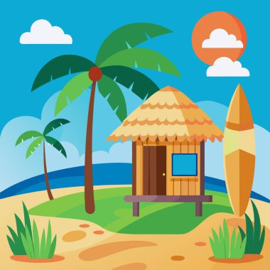 Plaj Kulübesi Vektör Sanat Koleksiyonu Sarı Sörf tahtası ve Palmiye Ağaçları