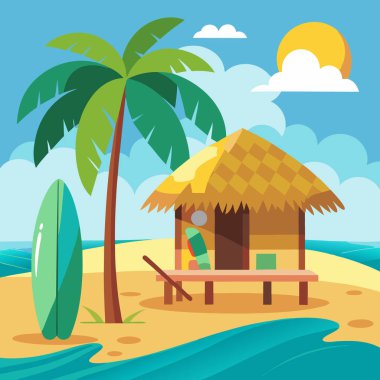 Beach Hut Vector Art Collection with Yellow Surfboard and Palm Trees clipart