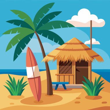 Plaj Kulübesi Vektör Sanat Koleksiyonu Sarı Sörf tahtası ve Palmiye Ağaçları