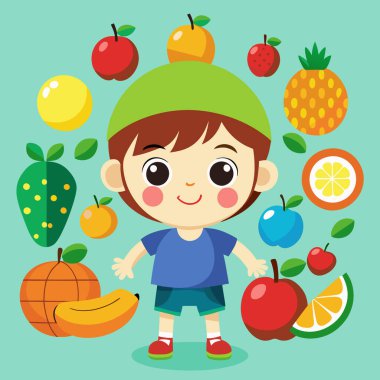Taze Meyve Koleksiyonlu Mutlu Çocuk Vektör Sanatı