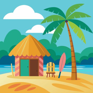 Plaj Kulübesi Vektör Sanat Koleksiyonu Sarı Sörf tahtası ve Palmiye Ağaçları
