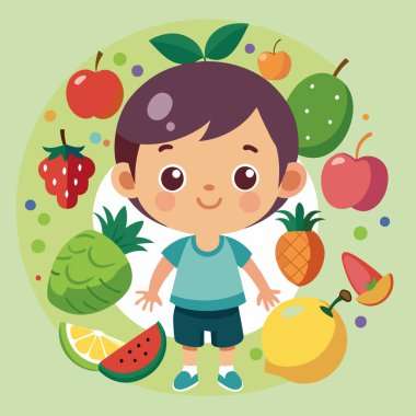 Taze Meyve Koleksiyonlu Mutlu Çocuk Vektör Sanatı