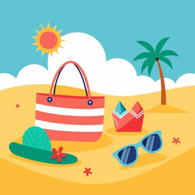 Summer Beach Essentials Vector Art with Striped Tote and Accessories clipart