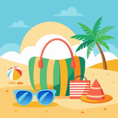 Yaz Sahili Esasları Çizgili Taşımacılık ve Aksesuarlarıyla Vektör Sanatı