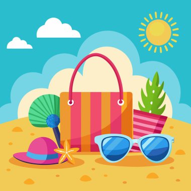 Summer Beach Essentials Vector Art with Striped Tote and Accessories clipart