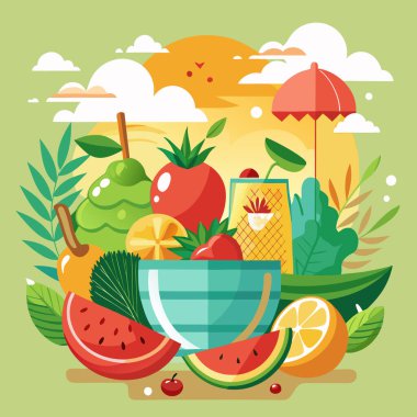 Tropikal Meyveler ve Plaj Sahnesi ile Yaz Taze Vektör Sanatı