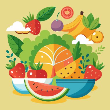 Tropikal Meyveler ve Plaj Sahnesi ile Yaz Taze Vektör Sanatı