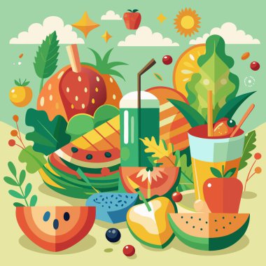 Tropikal Meyveler ve Plaj Sahnesi ile Yaz Taze Vektör Sanatı