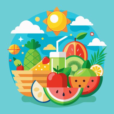 Tropikal Meyveler ve Plaj Sahnesi ile Yaz Taze Vektör Sanatı