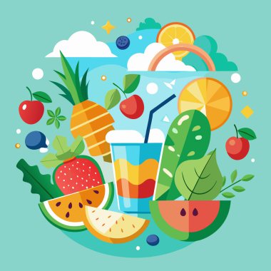 Tropikal Meyveler ve Plaj Sahnesi ile Yaz Taze Vektör Sanatı