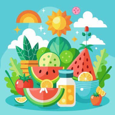 Tropikal Meyveler ve Plaj Sahnesi ile Yaz Taze Vektör Sanatı