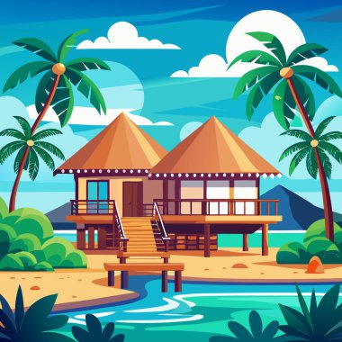 Thatched Hut ve Sörf Tahtası ile Tropik Plaj Vektör Sanatı