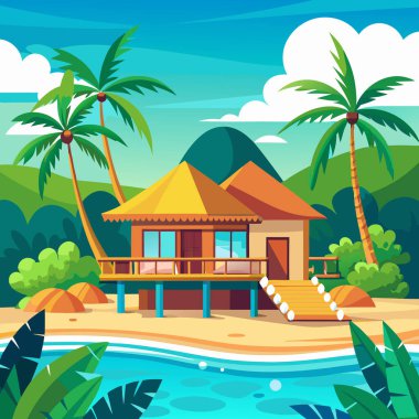 Tropical Beach Vector Art with Thatched Hut and Surfboard clipart