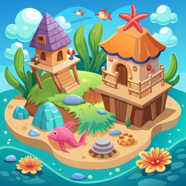 Underwater Fantasy Vector Art with Beach Huts and Sea Creatures clipart