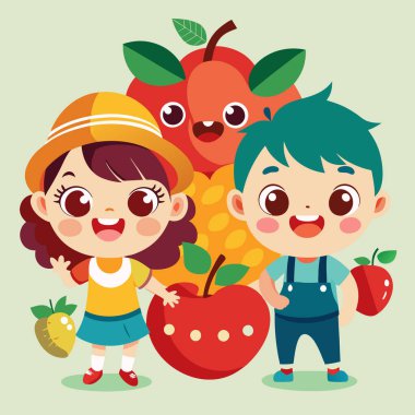 Happy Children Vector Art Collection with Fresh Fruits clipart