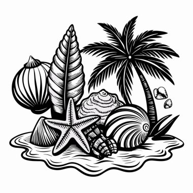 Tropical Beach Elements Vector Art with Black Palm and Seashells clipart