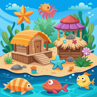 Underwater Fantasy Vector Art with Beach Huts and Sea Creatures clipart