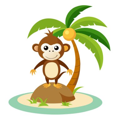 Yeşil hindistan cevizi ağaçları olan bir adada şirin maymun çizimi