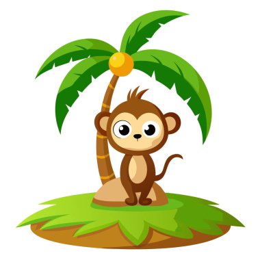 Yeşil hindistan cevizi ağaçları olan bir adada şirin maymun çizimi
