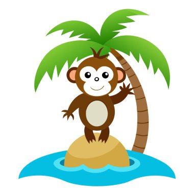 Yeşil hindistan cevizi ağaçları olan bir adada şirin maymun çizimi