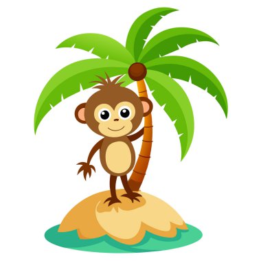 Yeşil hindistan cevizi ağaçları olan bir adada şirin maymun çizimi