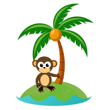 Yeşil hindistan cevizi ağaçları olan bir adada şirin maymun çizimi