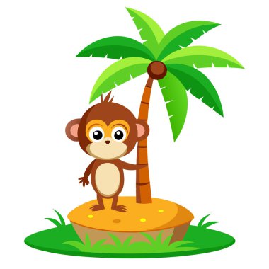Hindistan cevizi ağacı olan bir adada sevimli çizgi film maymunu.