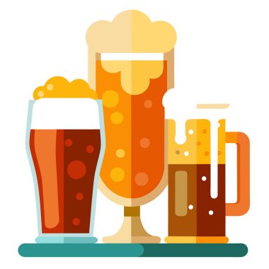 Bardaklar ve bardaklarda farklı bira tiplerinin renkli çizimi
