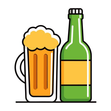 Beyaz arka planda köpüklü bira şişesi ve bardak tasviri