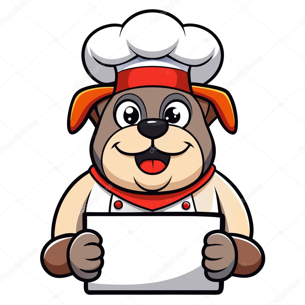 Bulldog Chef Cartoon Character Holding a Blank Menu Sign with a Smile
